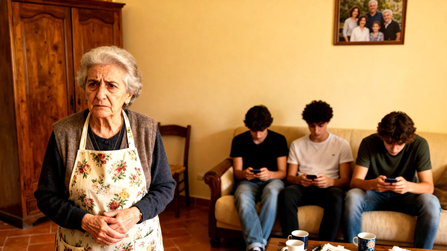 La nonna si preoccupa perché i nipoti giovani adulti trascorrono troppo tempo su smartphone e social media anche durante le visite, mostrando dipendenza dalla tecnologia e scarsa presenza nelle interazioni familiari"