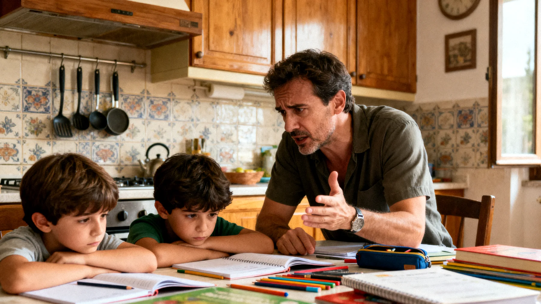 Papà in difficoltà nel motivare i figli bambini allo studio e ai compiti scolastici"
